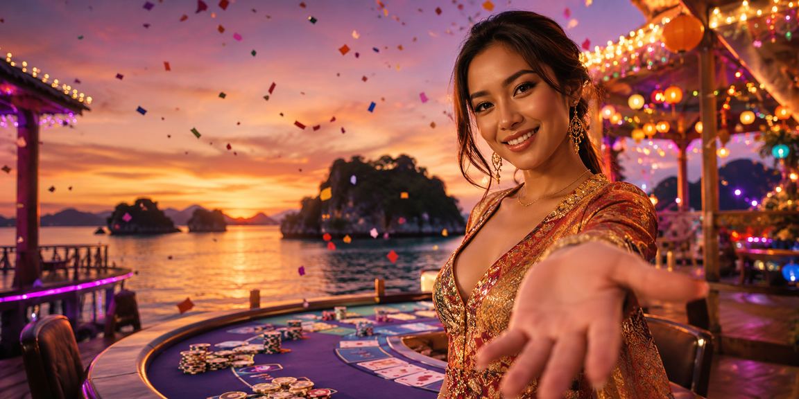 Permainan kartu kasino di suasana pasar malam yang semarak